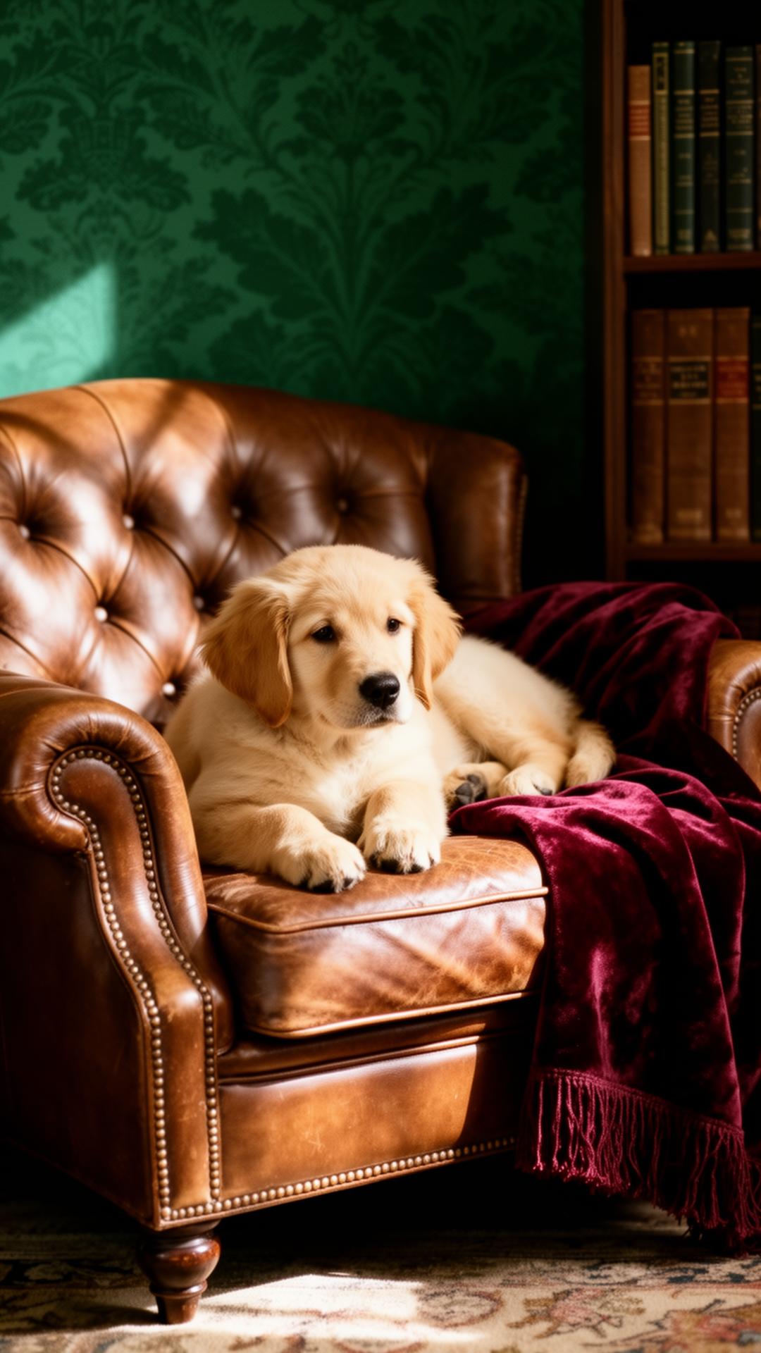 Golden retriever puppy resting on a tufted Chesterfield armchair in an editorial luxury interior